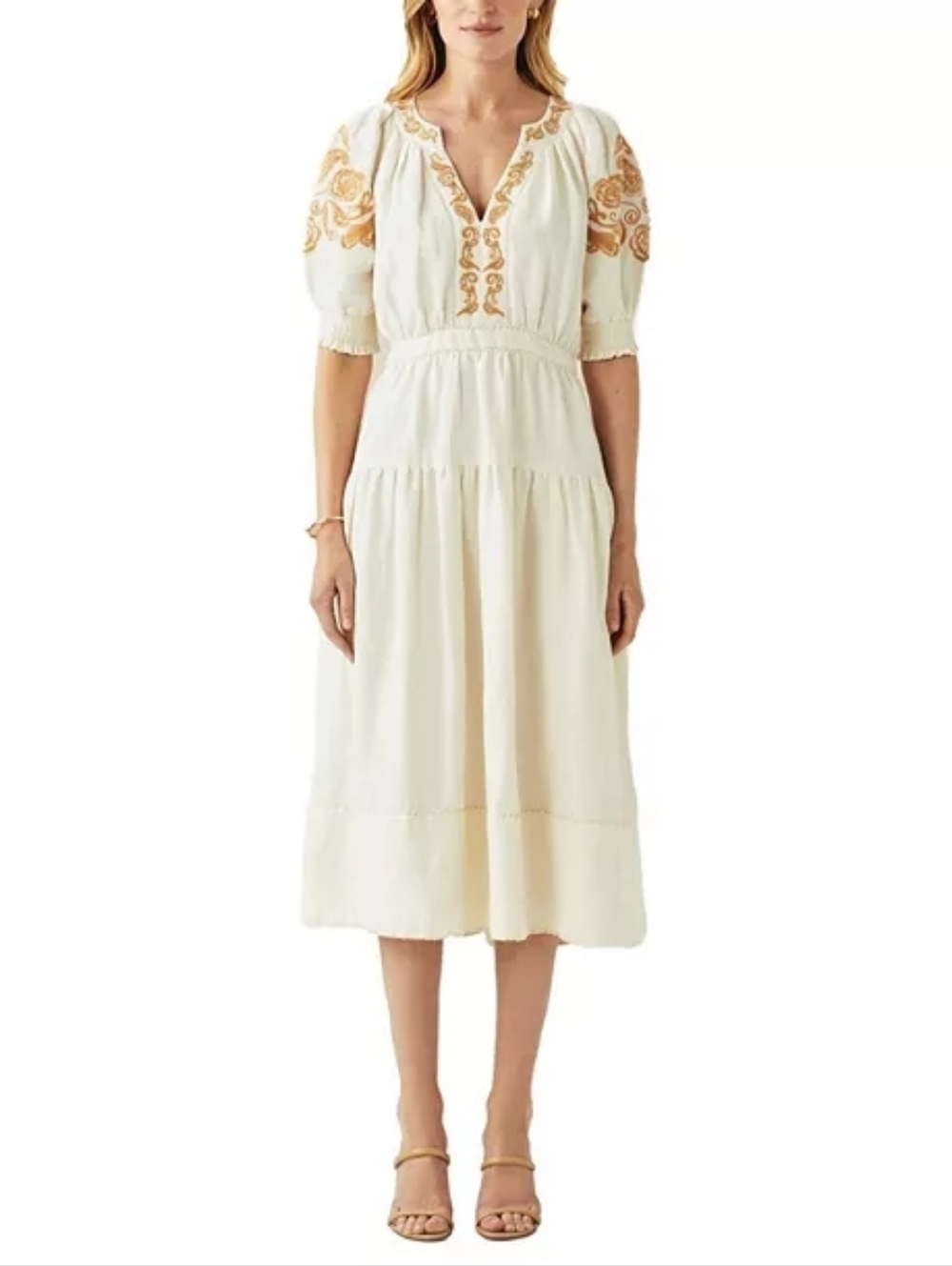 Cartolina Lizette Linen Blend Embroidered Belted Puff Sleeve Ivory Midi Dress M - Picture 4 of 16